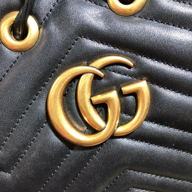 Gucci經典款女包 476674 古馳GG Marmont絎縫 黑色真皮水桶包 Gucci水桶包  gqy2466